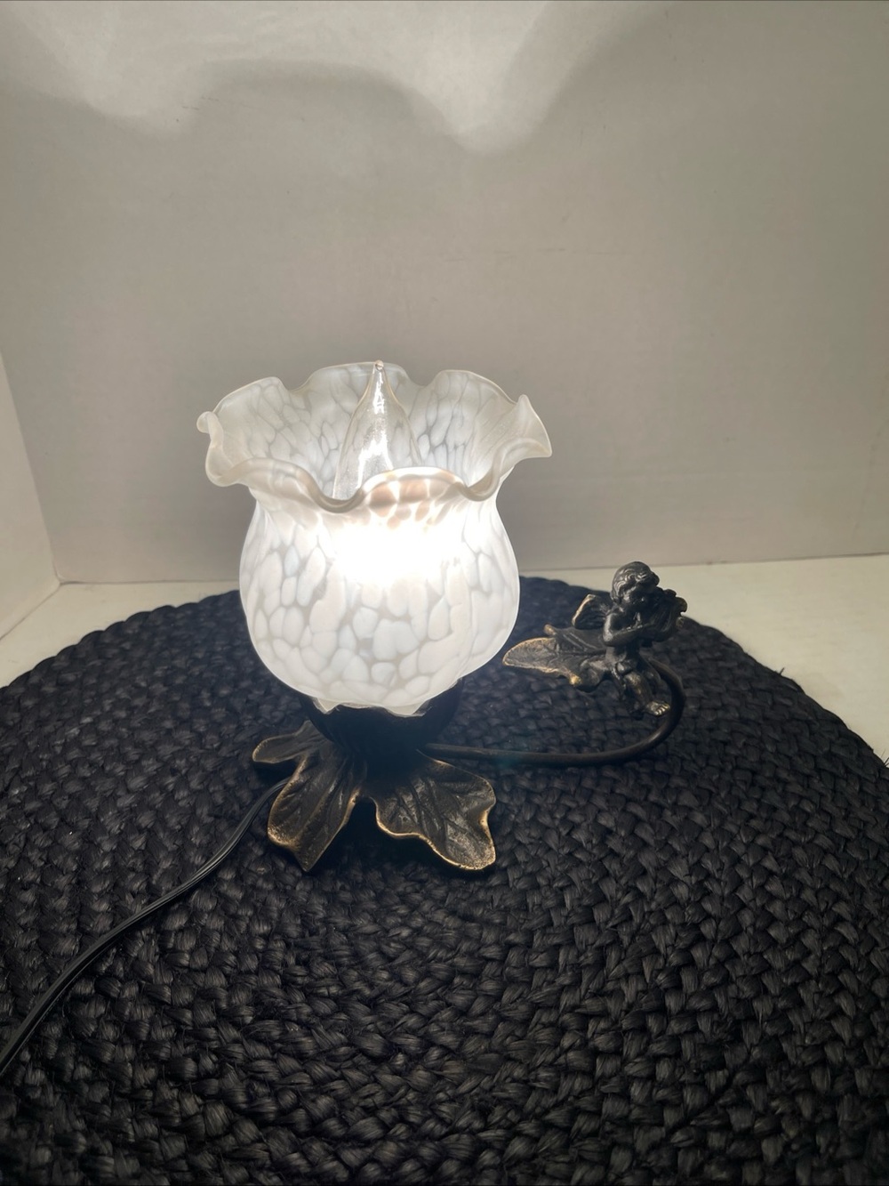 Small Cherub Decorative Frosted White Glass Flower Lamp with Bronze Accent
